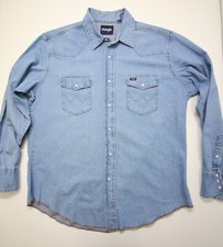 Vintage Wrangler Denim Western Shirt Mens XL Blue Pearl Snap Button READ