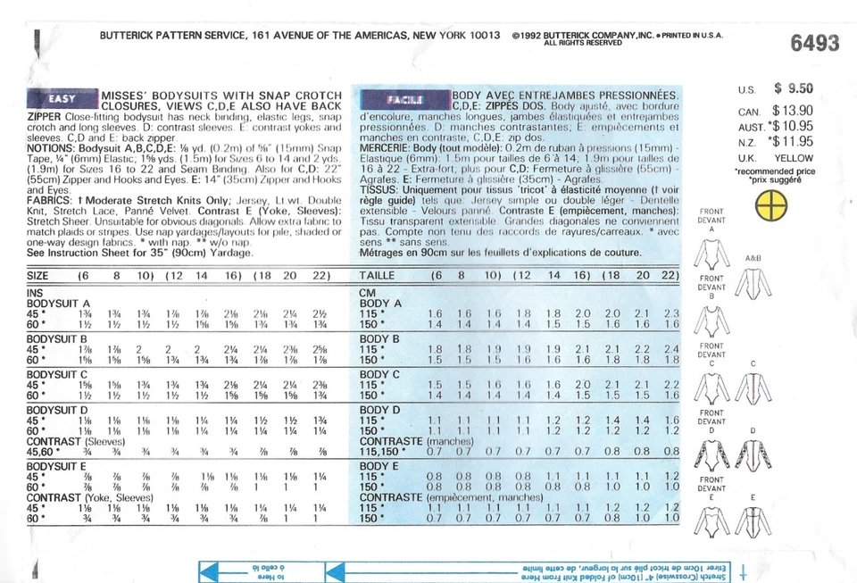 Butterick Sewing Pattern 6493 Bodysuits with Snap Crotch Closures Size: 6-8-10 - Image 2 of 2
