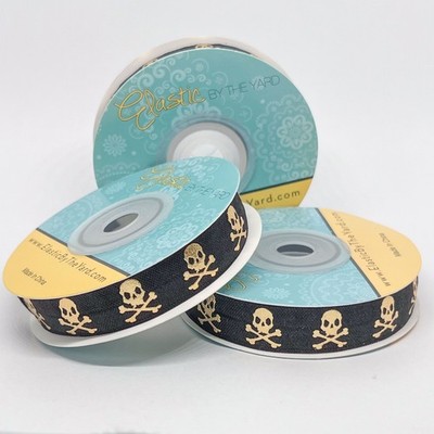 Gold Foil Skull on Black Print FOE 5/8'' (15mm) Wide | Elastic By The Yard