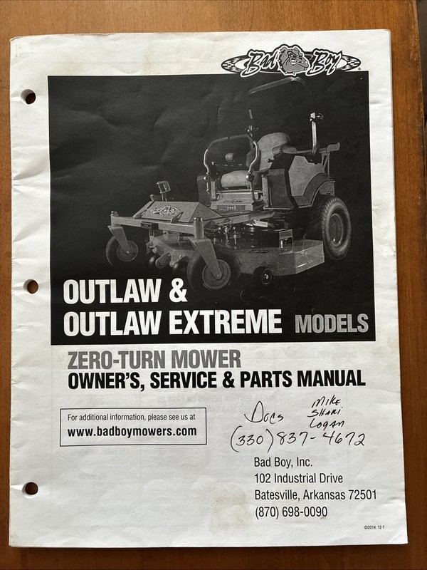 bad boy outlaw + outlaw extreme lawnmower owners/parts manual nice used