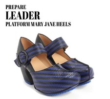 Fluevog EXCELLENT Prepare Leader blue/blk striped leather platform MJ heel -8.5