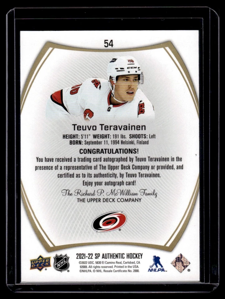 2021-22 Sp Authentic Limited Auto Teuvo Teravainen #54 - Image 2 of 2