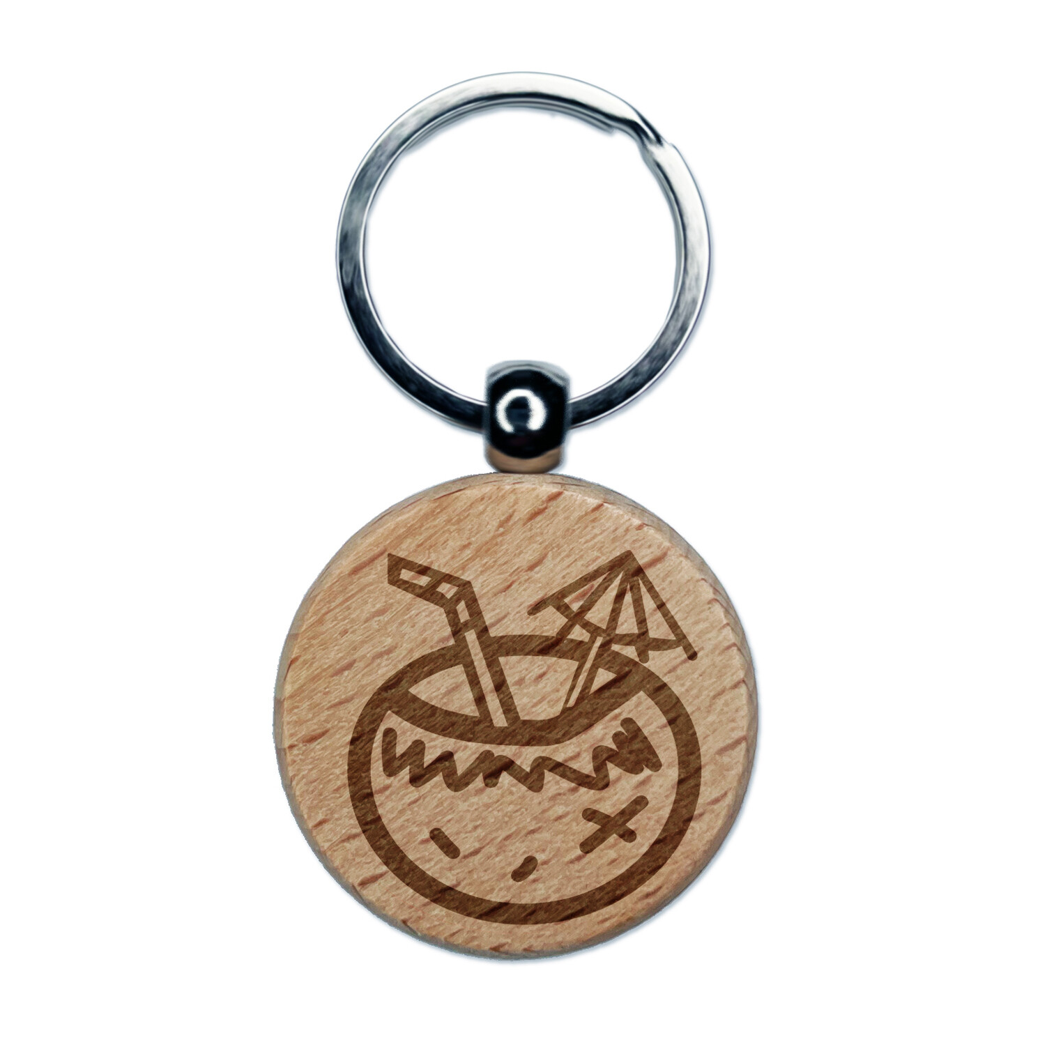 Coconut Drink Tropical Doodle Engraved Wood Round Keychain Tag Charm