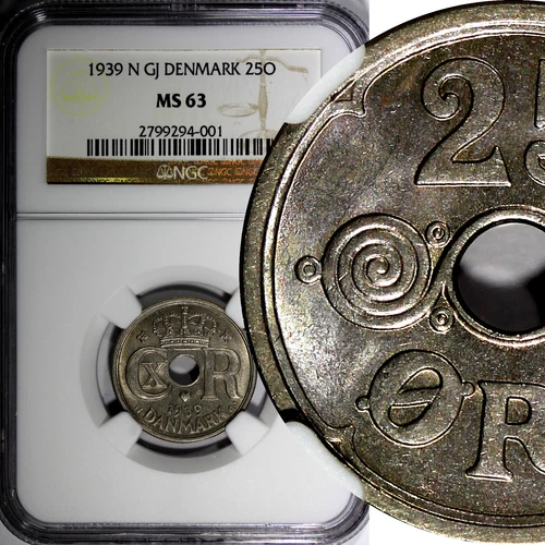 Denmark Christian X 1939 N GJ 25 Ore NGC MS63 BETTER DATE HIGH GRADE KM#823.2(1)