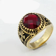 Men's.Stainless Steel,CROSS.Red Stone,Gold plated Ring 8,9 10 11,12 13.Box