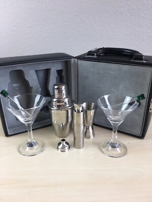 traveling cocktail/martini eight piece set in black leather case