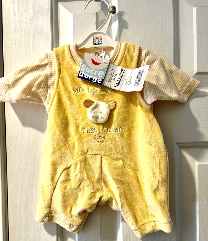 NWT Sucre D’Orge France Yellow Newborn Baby Mouse Top + Overalls Velour French
