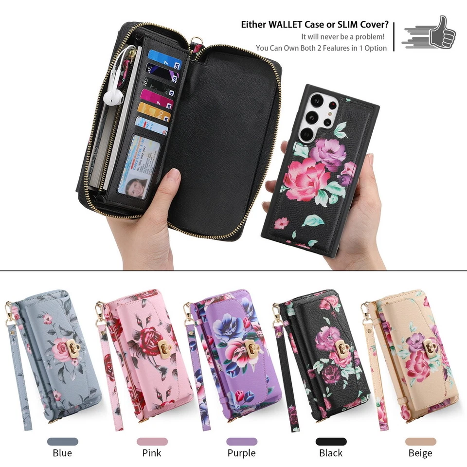 Flowery Handbag Wallet Removable Magnetic Case Cover For Samsung S22 S23 S24 - Image 4 of 4