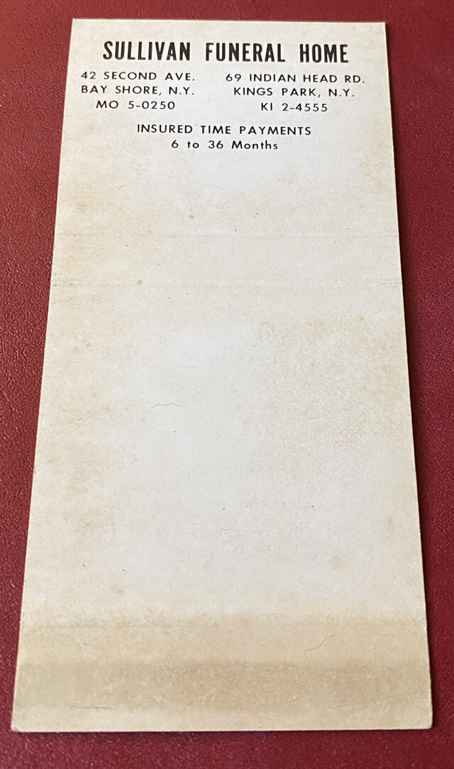 Matchbook Cover Sullivan Funeral Home Roger Kemp Bay Shore Kings Park