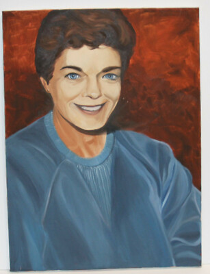Vintage Mid Century Modern Painting Canvas Middle Aged Woman in Blue Dress Red