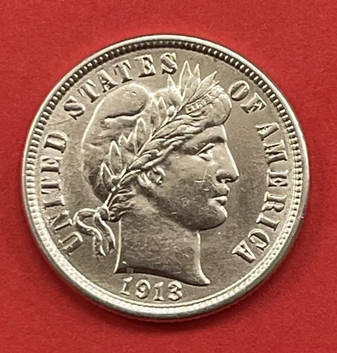 1913 P Barber Silver Dime, Uncirculated.