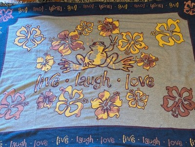 Vntg y2k Girl Power Peace Frog Live Laugh Love Tapestry Blanket Hibiscus 69x53''