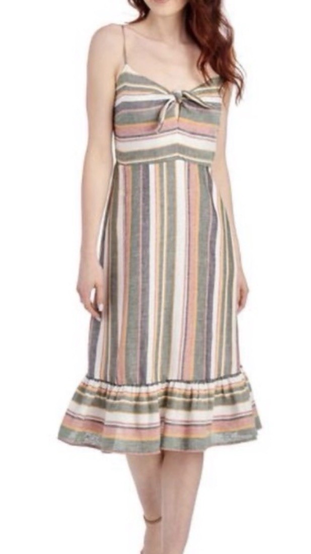 AVA JAMES Striped Midi Rayon Linen Dress Tie Front Smocked Back Boho Coastal Lg