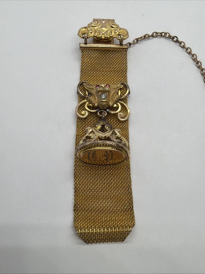 Antique Victorian Gold Filled Mesh Pocket Watch Chain & Jeweled Lion & Fob - Image 4 of 4
