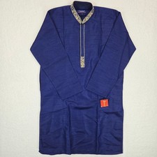 NWT Nausha Men's Navy Blue Raw Silk Kurta Pajama Set Embroidered Size Small 2pc