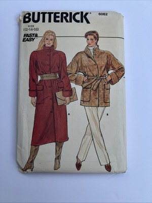 Vintage Butterick Fast & Easy Coat & Belt Pattern #6082 Sizes 12/14/16 UNCUT