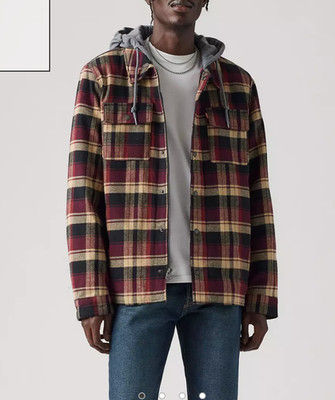 NEW$148, Levis Men XL, Heavy Winter Flannel Brown Zip Snap Hood Trucker Jacket