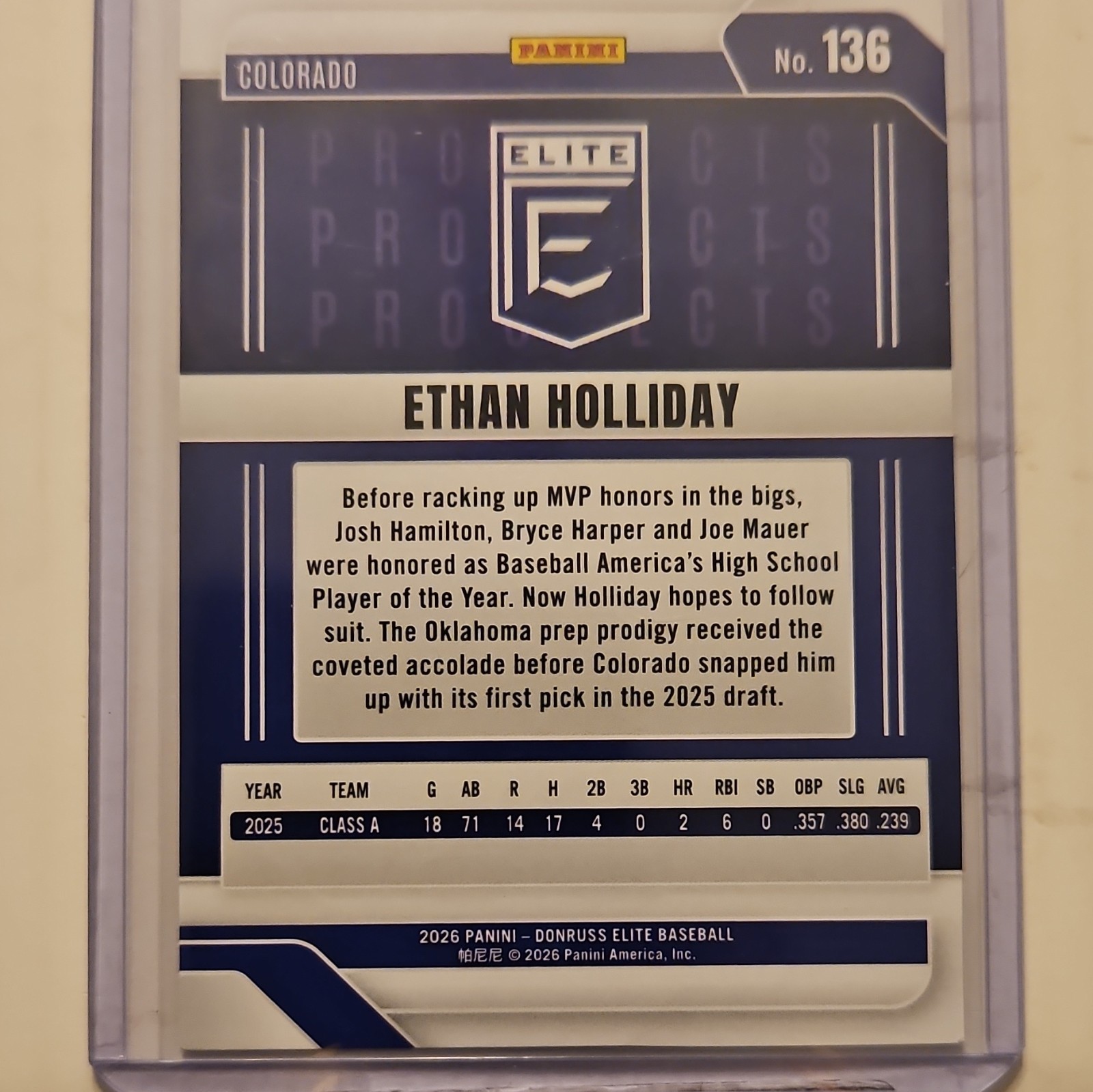 Panini 2026 Donruss Elite Baseball Elite Prospects Ethan Holliday #136 094/199 view 2