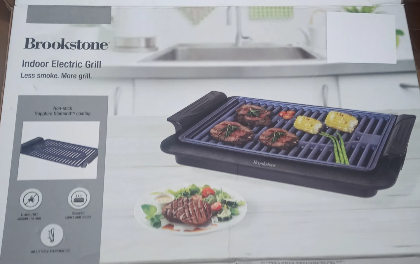 Brookstone Indoor Electric Grill 15x10 Non-Stick Sapphire Diamond Coating Adjust