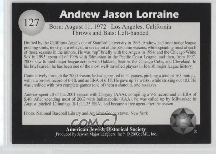 2003 American Jewish Historical Society Major Leaguers Andrew Lorraine #127 - Image 2 of 2