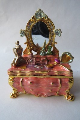 Trinket Box Hinged Enameled Porcelain Box Lady's Vanity With Mirror & Gold Trim