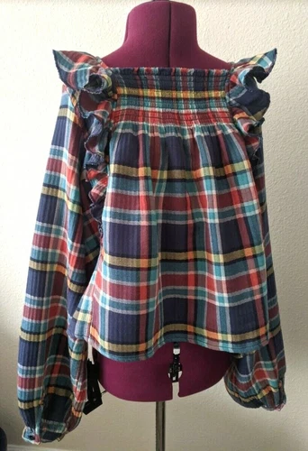Free People We The Free Sienna Madras Plaid Ruffle Tie Back Top Blouse Size S