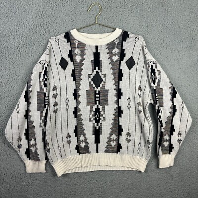 Vintage Alan Stuart Coogi Style Sweater Men's XL White Multicolor Leather Patch