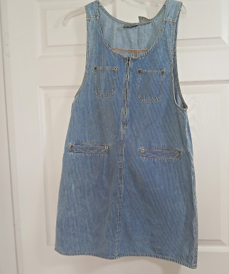 Erika Classics Jean Jumper Short Bib Dress Denim Stripe Zipper  Preppy  Sz M