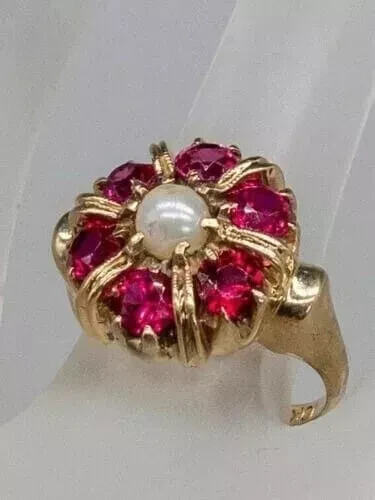 Anillo de compromiso de flores de corte redondo de 1,30 quilates con perlas blancas reales chapado en oro amarillo 14 K - Imagen 6 de 7