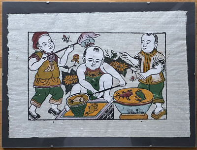 Dong-Ho-Holzschnitt - alte Frau mit Fischen