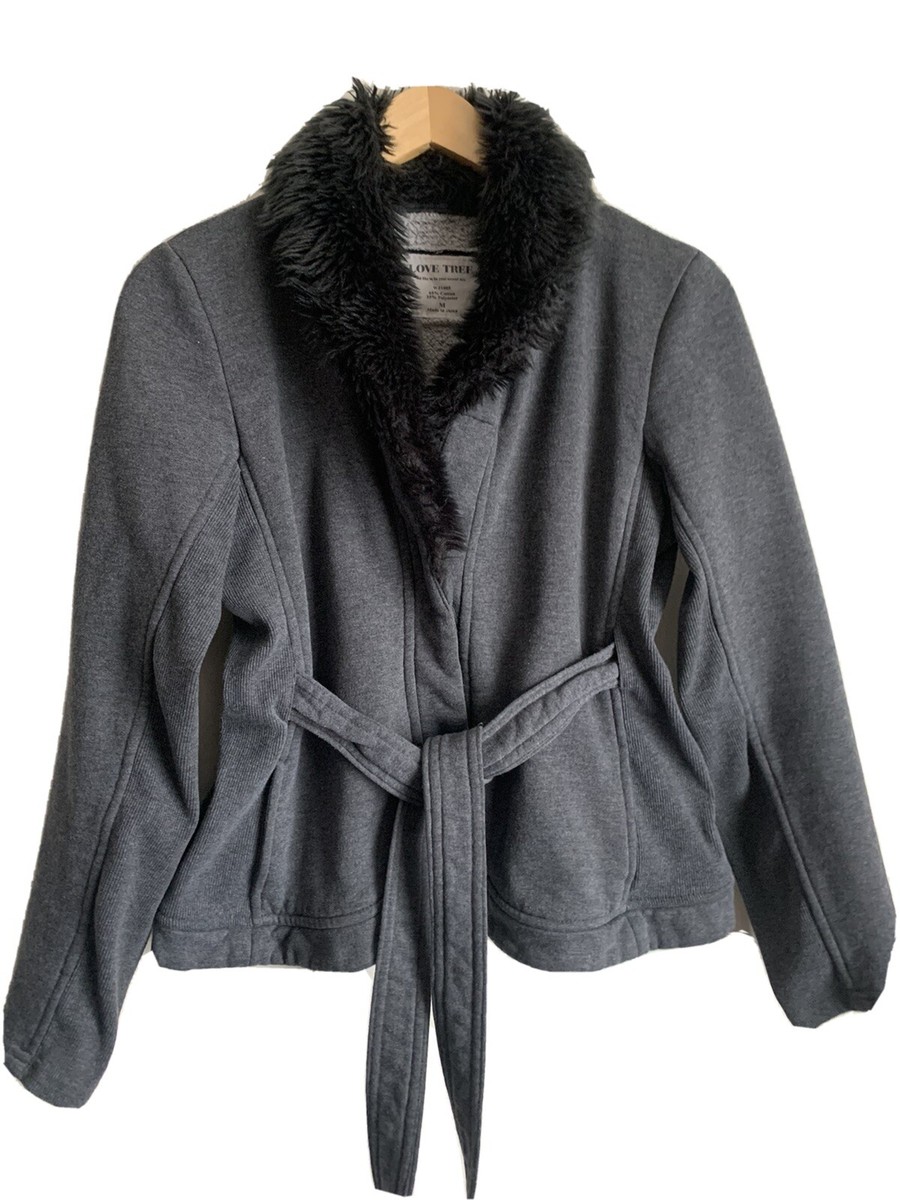 Love Tree Blazer/Jacket Women’s Size M Grey Jersey Knit Faux Fur Collar  Belted