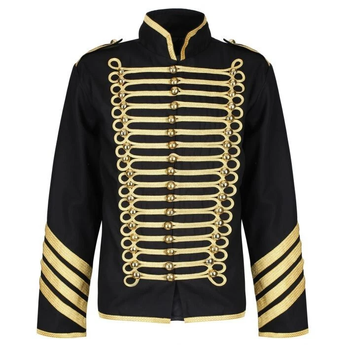 Prime Quality Handmade Mens Gothic Military Hussar Jacket Black Amp Gold Gold