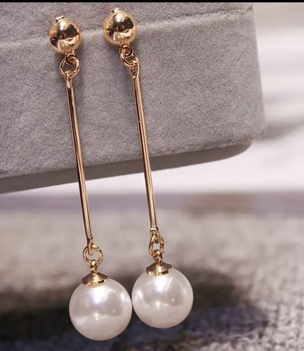 1 Pair Women's White Pearl Long Chain Round Dangling Drop Earrings New - 第 4/5 張圖片