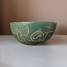 Blue/Green Wooden Bowl Carved with Elephant, Giraffe, African Tribal Huts