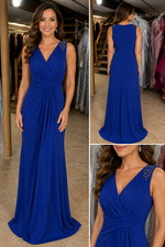 JS Boutique Royal Blue Beaded Evening Gown Size 6 Grecian Ruched Formal Maxi