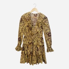 Ulla Johnson Lola Mini Dress Sz 4 Brown Gold Floral Cotton Poplin Tiered