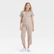 Isabel Maternity Women  s Short Sleeve Utility Jumpsuit - Tan Size Medium NWT