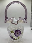 Vtg Fenton 8” Lavender Crest Diamond Optic Basket Purple Flowers Twist Handle
