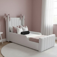 New Winged Panel Kids Bed Frame Plush Velvet Upholstered Toddler Bed 3FT