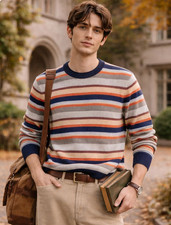 Sweater Men Size L Wool Blend Striped Multi Color Retro Grandpa Preppy Ski Retro