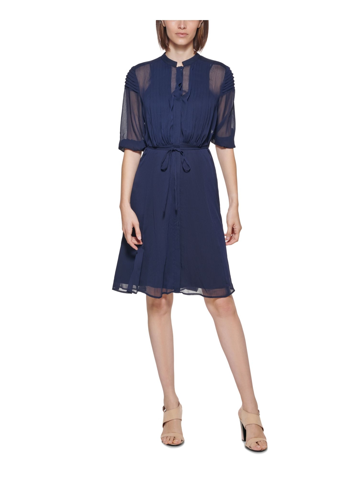 CALVIN KLEIN Womens Navy Button Front Tie Belt Lined Split Shirt Dress 4