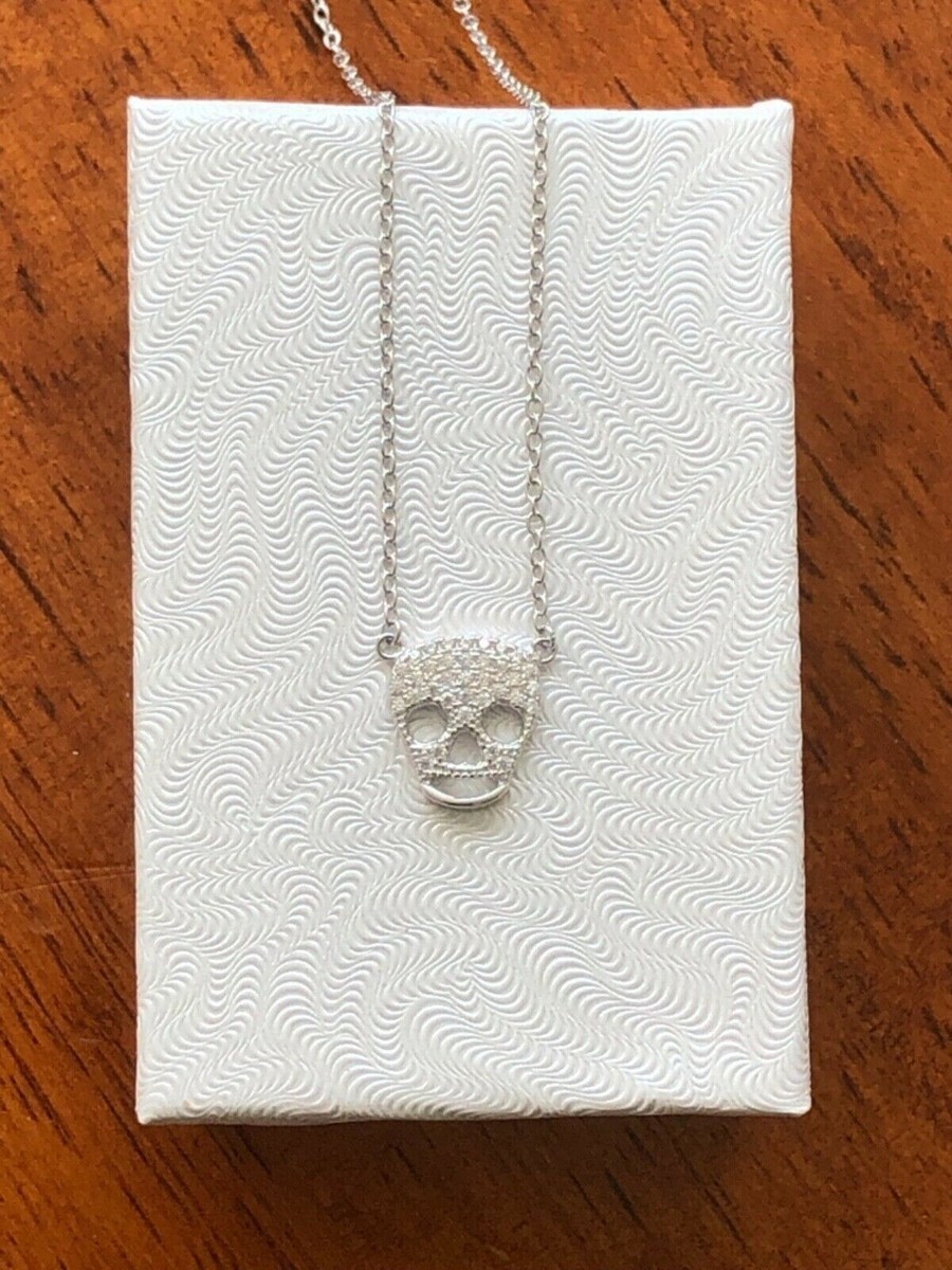 Pave Skull Pendant Necklace Sterling Silver 925 C Women Girls 11mm