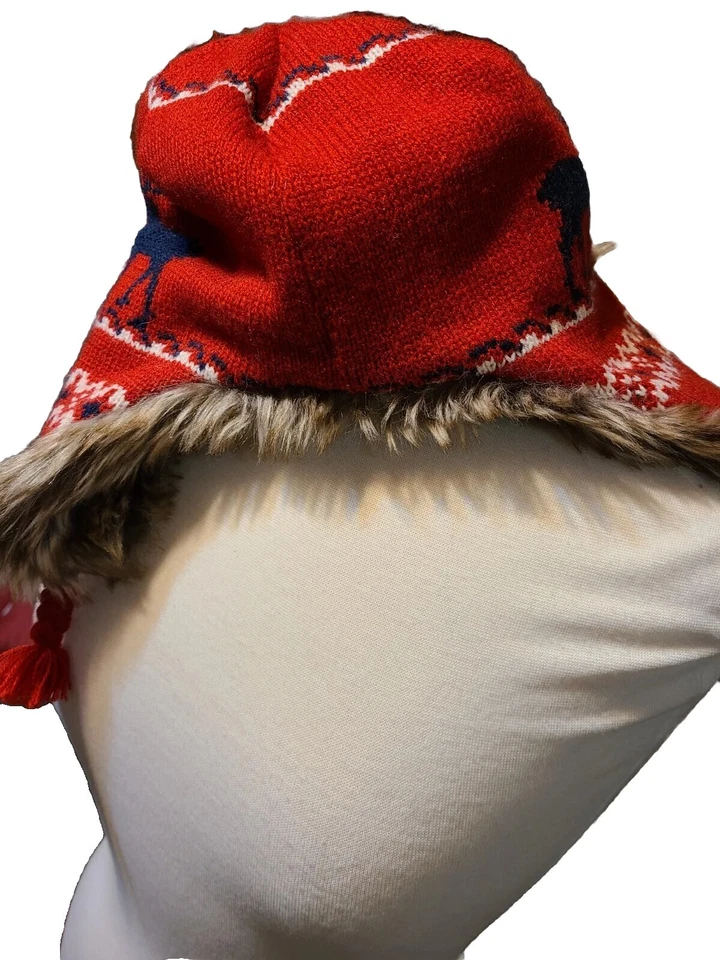 Baby Gap Knit Fleece Red & Navy Faux Fur Winter Hat Size M/L - Image 2 of 4