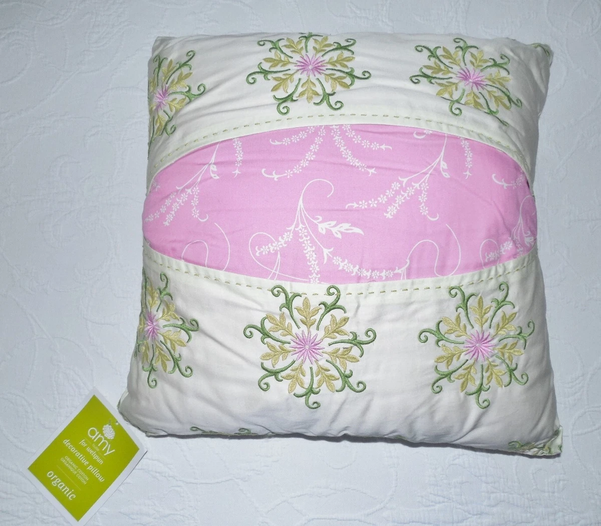 Coussin Décoratif Amy Butler Constanta – Broderie Petit Déjeuner – Gris Ivoire – Neuf