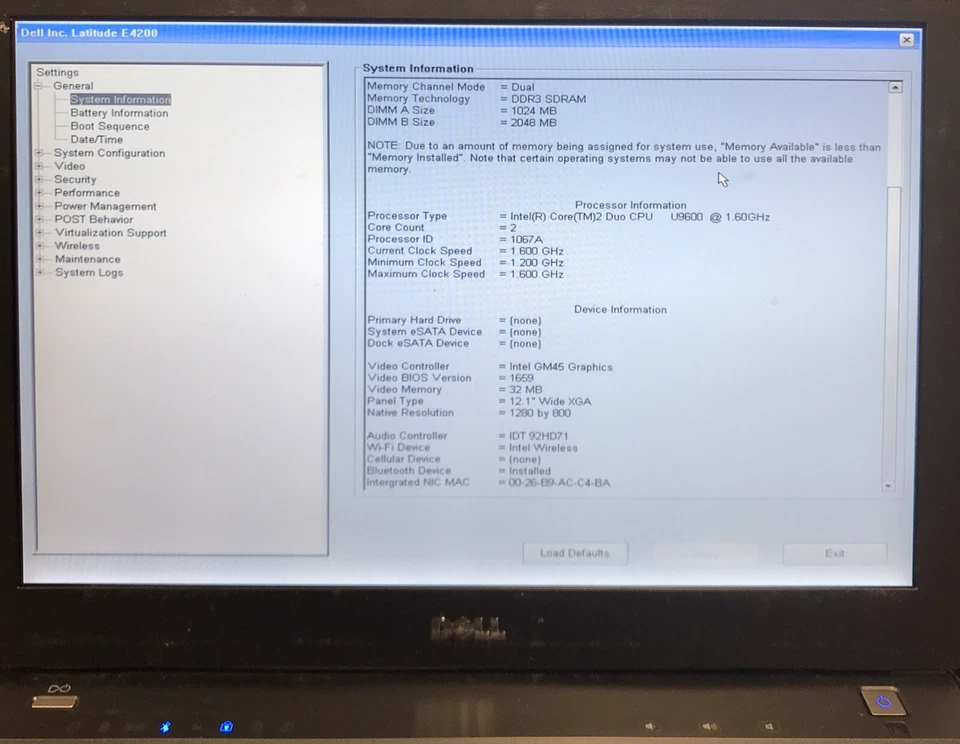 Dell Latitude E4200 12.1" Laptop Core 2 Duo 3GB RAM No HDD/OS Boots/Bios H3245 - Image 2 of 4