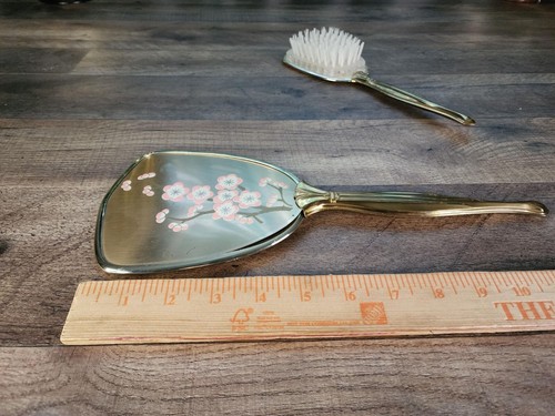 Vintage Cherry Blossom Mirror Brush and Comb Set, Elegant Gold/Floral Vanity Set - Picture 3 of 10