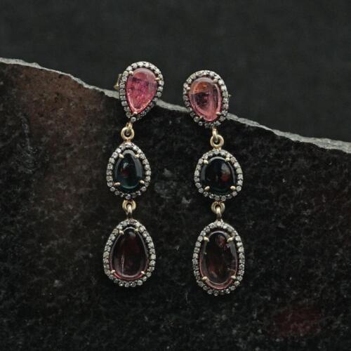 Natural Pave Diamond Tourmaline Gemstone 925 Sterling Silver Fine Jewelry