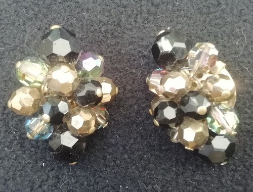 Boucles D'oreilles Vintage Perles Verre Noir Doré - Années 50, Occasion