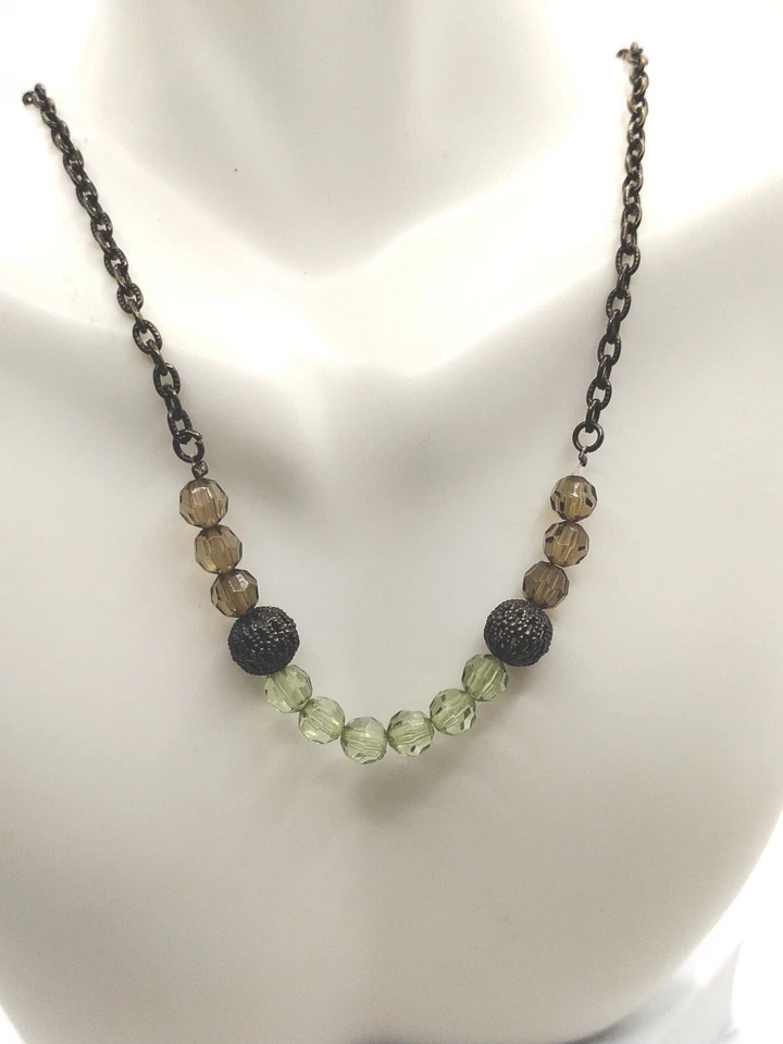 1928 Signed Tan & Green Translucent Beaded Bronze Necklace Costume Jewelry Boho - Image 2 of 3