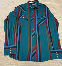 Vintage 90s Wrangler Western Shirt Pearl Snap Teal Striped Jewel Tone Mens M
